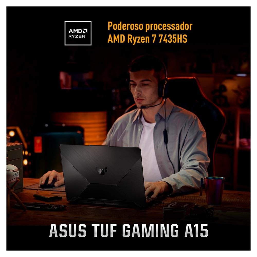 Imagem 4 de 22 do produto Notebook Gamer ASUS TUF Gaming A15, AMD RYZEN 7 7435HS, 8GB RAM, 512GB SSD, RTX 2050 KeepOS, 15,6" FHD, Preto Grafite - FA506NFR-HN069