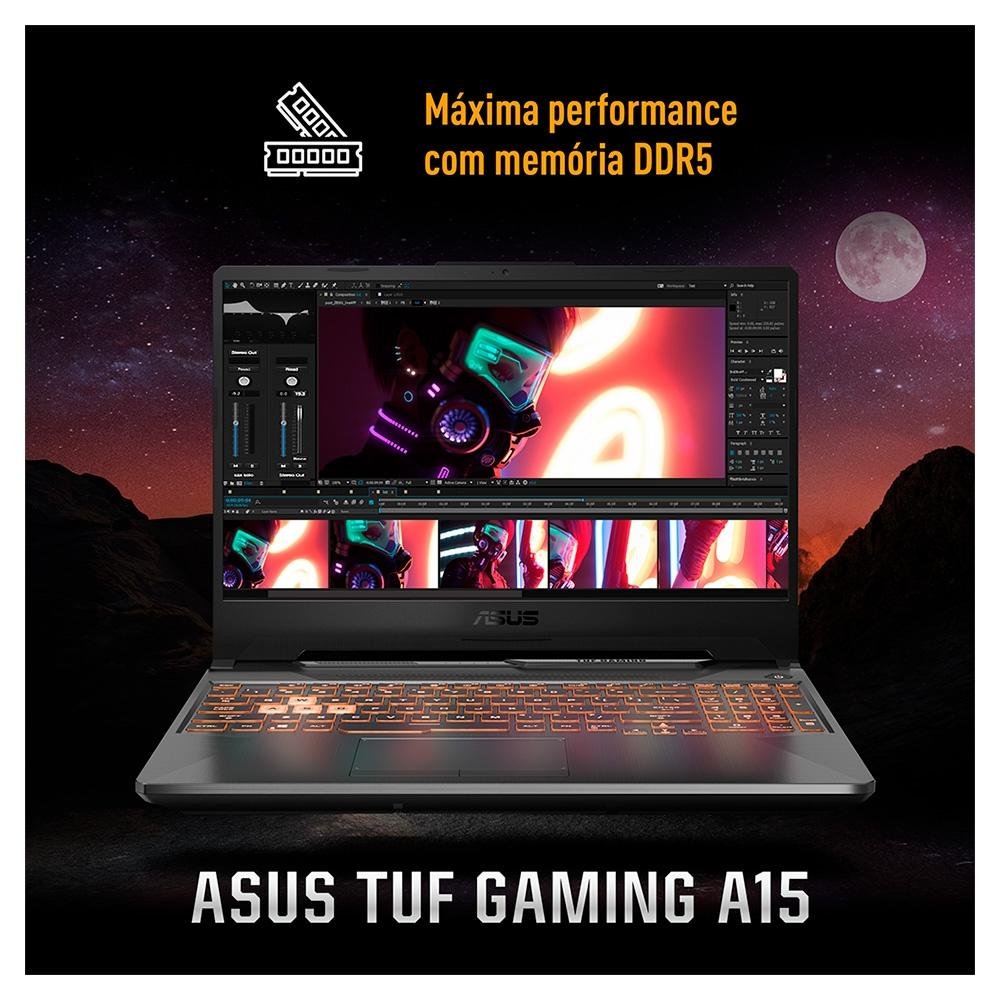 Imagem 7 de 22 do produto Notebook Gamer ASUS TUF Gaming A15, AMD RYZEN 7 7435HS, 8GB RAM, 512GB SSD, RTX 2050 KeepOS, 15,6" FHD, Preto Grafite - FA506NFR-HN069