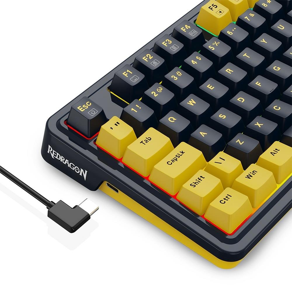 Imagem 7 de 9 do produto Teclado Mecânico Gamer Redragon ELF, RGB Chroma Mk.II, Switch Melt Gold, Cabo USB-C Removível, ABNT2, Preto E Laranja - K649PY-RGB PT