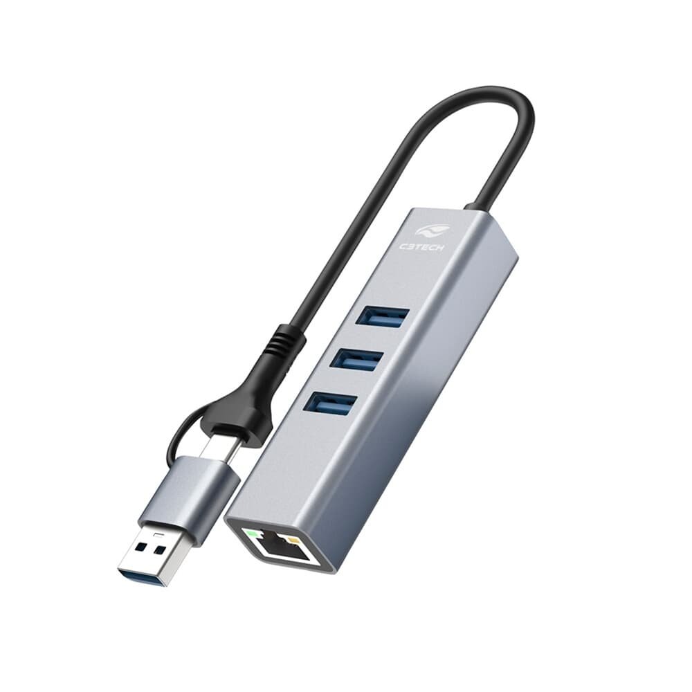 HUB C3Tech USB-C/A 3.0, para 3x USB 3.0, Ethernet, Preto - HU-LAN1000GY