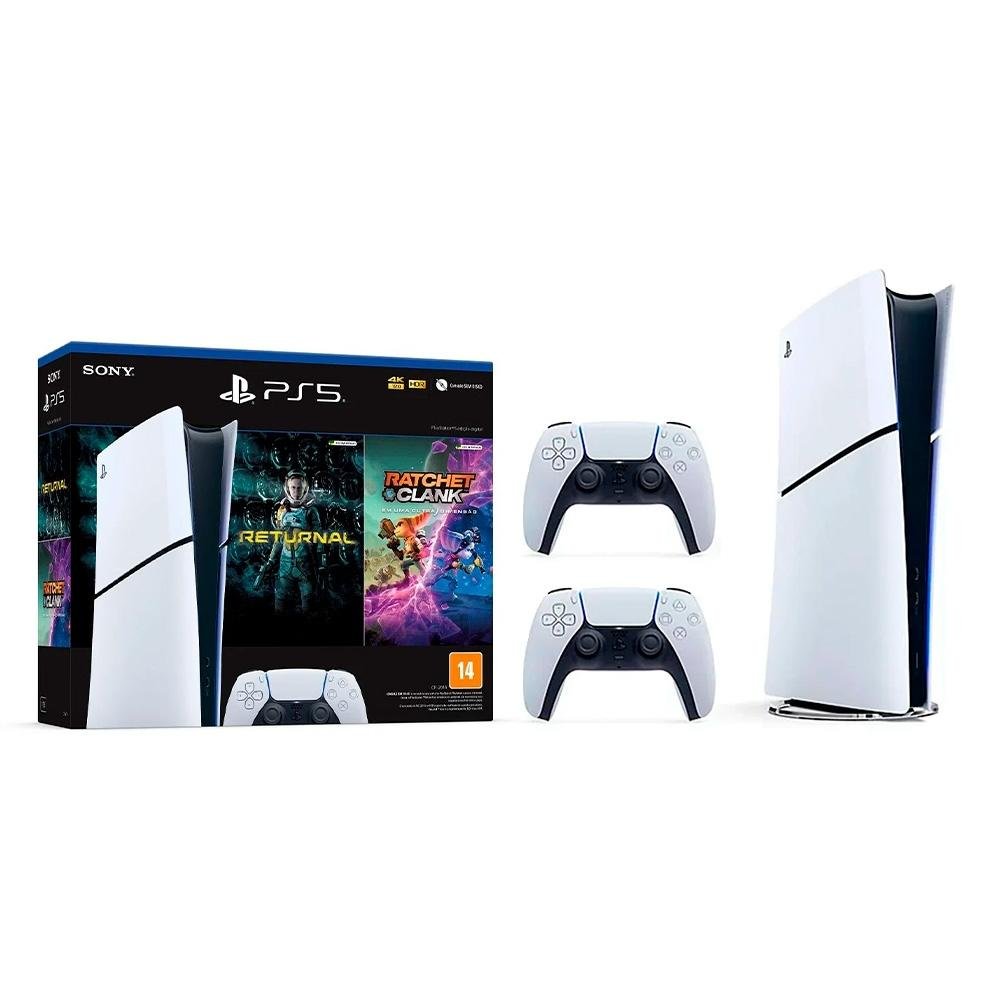 Kit Console PlayStation 5 Slim Sony, Edição Digital, Com Controle Sem Fio DualSense Branco + 2 Jogos Digitais + Controle Sony DualSense PS5 Kit Console PlayStation 5 Slim Sony, Edição Digital, Com Controle Sem Fio DualSense Branco + 2 Jogos Digitais + Controle Sony DualSense PS5