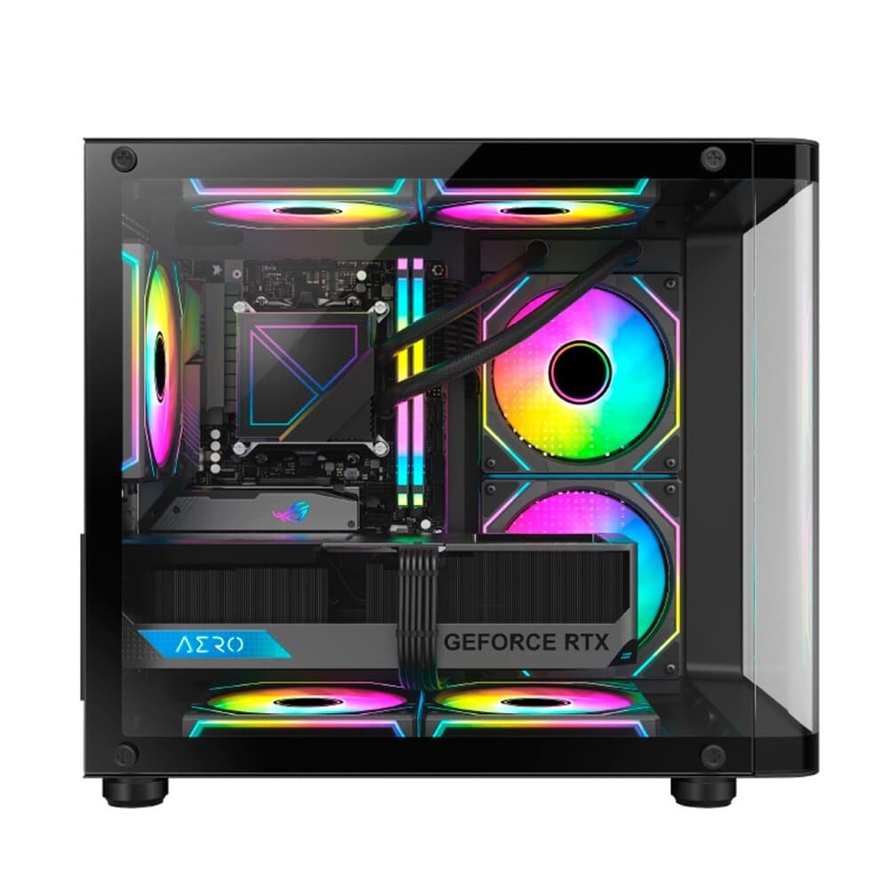 Imagem 5 de 9 do produto Gabinete Gamer HAYOM, Mini Tower, Lateral e Frontal em vidro, 4x FANs, Preto - GB1798