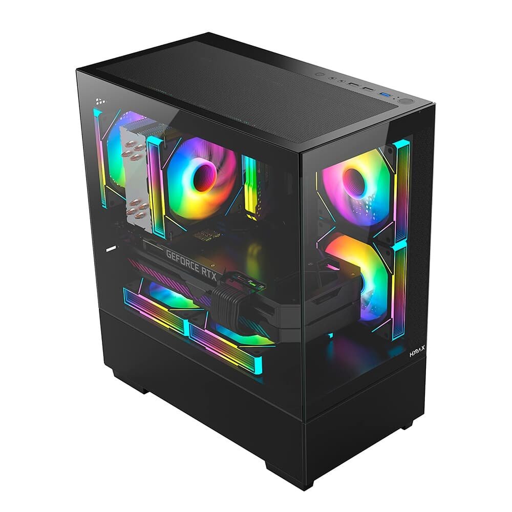Imagem 2 de 7 do produto Gabinete Gamer Hyrax HGB320, Mini Tower, M-ATX, Frontal e Lateral em Vidro Temperado, Sem FANs, Preto - HGB320B