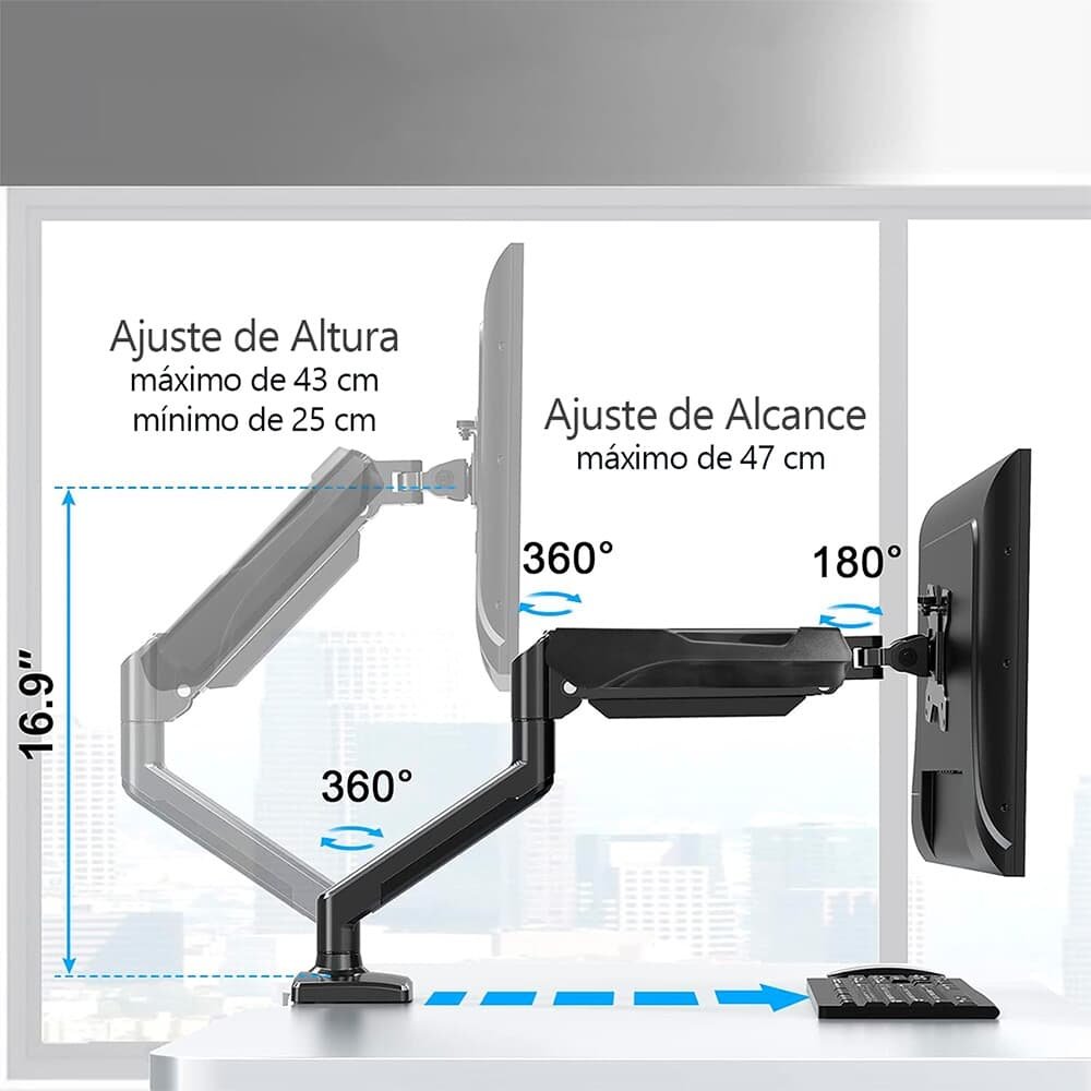 Imagem 9 de 12 do produto Suporte de Mesa Articulado para Monitor de até 32" Fitter, Ajuste com Pistão a Gás, VESA, Preto - F8
