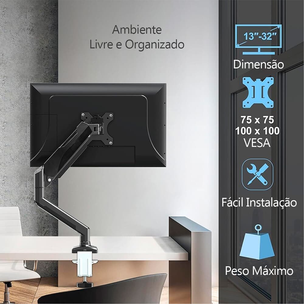 Imagem 11 de 12 do produto Suporte de Mesa Articulado para Monitor de até 32" Fitter, Ajuste com Pistão a Gás, VESA, Preto - F8