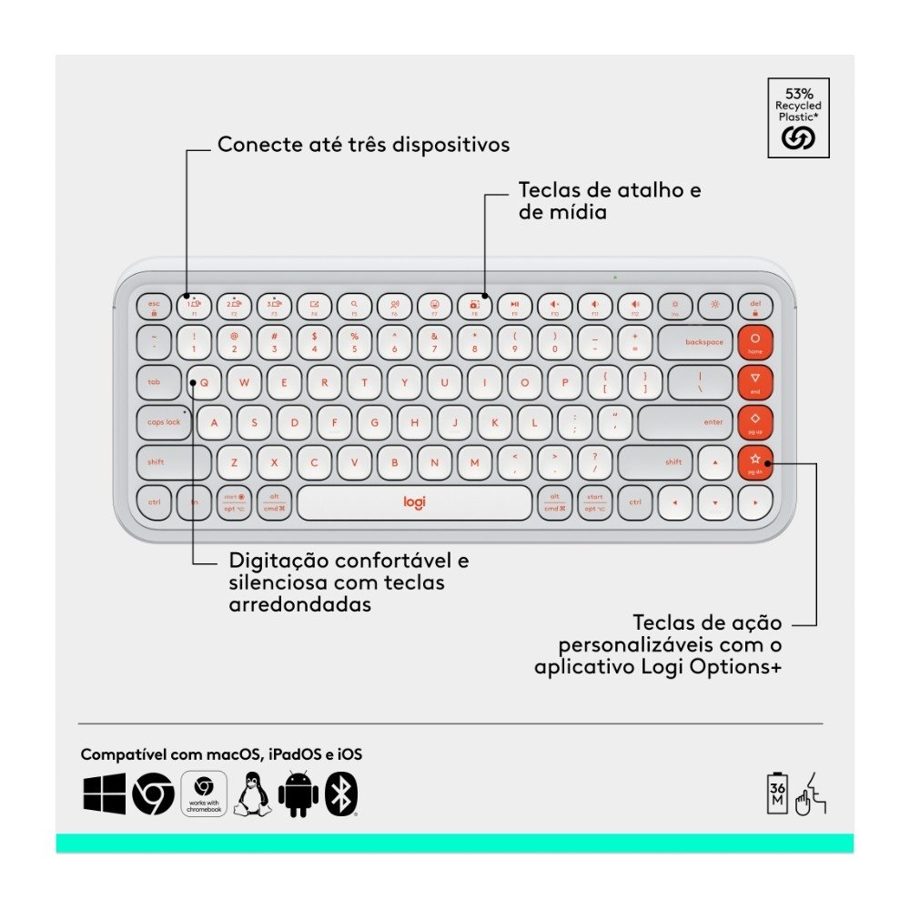 Kit Teclado e Mouse Sem Fio ( Balão.info) POP Icon com Teclas e Botões Personalizáveis, Silencioso, Bluetooth, Branco- 920-( Balão.info - foto 6