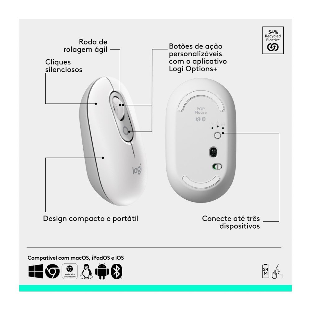 Kit Teclado e Mouse Sem Fio ( Balão.info) POP Icon com Teclas e Botões Personalizáveis, Silencioso, Bluetooth, Branco- 920-( Balão.info - foto 7