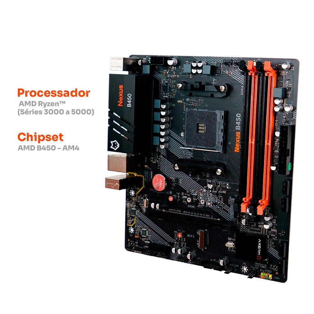 Imagem 3 de 6 do produto Placa-Mãe Husky Nexus B450, M.2 NVMe, DDR4 3200MHz, Ryzen 5000/3000/2000, Micro-ATX, 64GB Dual Channel - HPM450