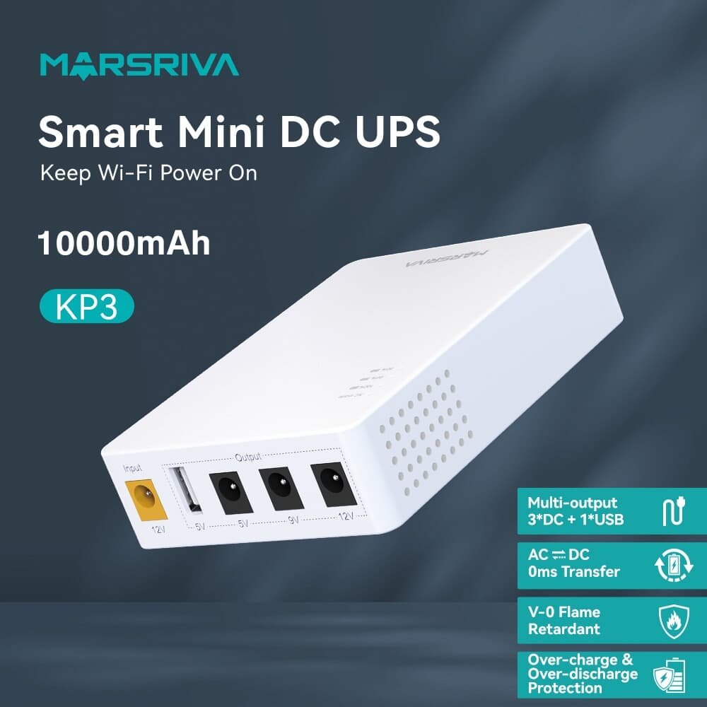 Mini Nobreak Marsriva KP3, 18W, 3 saídas DC, USB, 10.000mAh, Branco Mini Nobreak Marsriva KP3, 18W, 3 saídas DC, USB, 10.000mAh, Branco