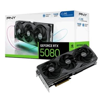  PNY RTX 5080 Overclocked NVIDIA GeForce, 16GB, GDDR7, G-Sync, Ray Tracing, DLSS 4, HDR, Triple Fan - VCG508016TFXPB1-O