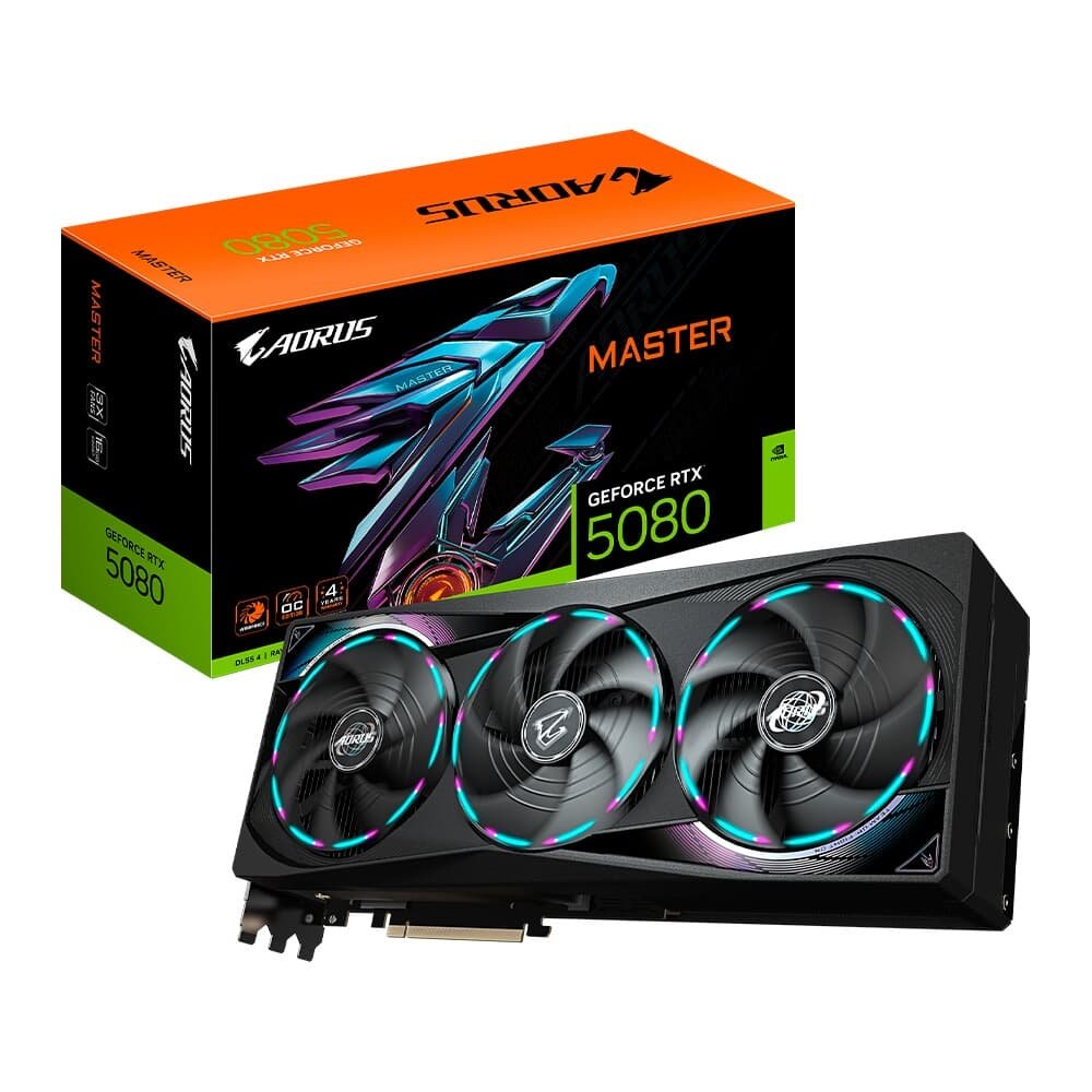 Placa de Vídeo Gigabyte RTX 5080 AORUS MASTER, NVIDIA, 16GB, GDDR7, BIOS DUAL, IA com FP4, DLSS 4 - GV-N5080AORUS M-16GD G10 Placa de Vídeo Gigabyte RTX 5080 AORUS MASTER, NVIDIA, 16GB, GDDR7, BIOS DUAL, IA com FP4, DLSS 4 - GV-N5080AORUS M-16GD G10