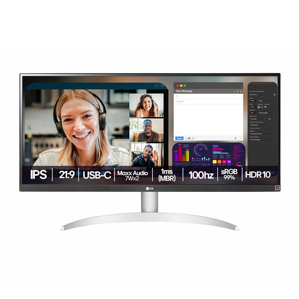 "Monitor Gamer LG 29"", FHD, UltraWide, 100Hz, 1ms, IPS, USB-C, Som Integrado - 29WQ600B-W.AWZM"