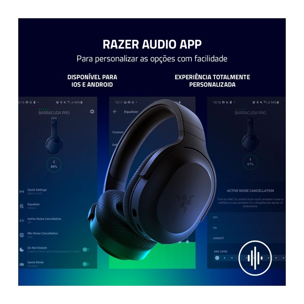 Headset Gamer Sem Fio Razer BARRACUDA X, Driver 40mm, Microfone Removível, Bateria de 50h, Multiplataforma, Wireless 2.4GHz, Bluetooth 5.2, Preto - RZ04-04430100 - view 3