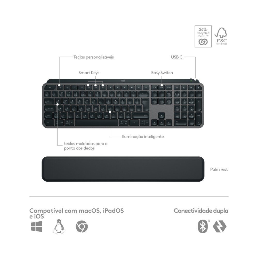 Kit Teclado e Mouse Sem Fio ( Balão.info) S, Bluetooth ou Receptor Logi Bolt, com Apoio para as Mãos, Grafite - 920-( Balão.info - foto 6