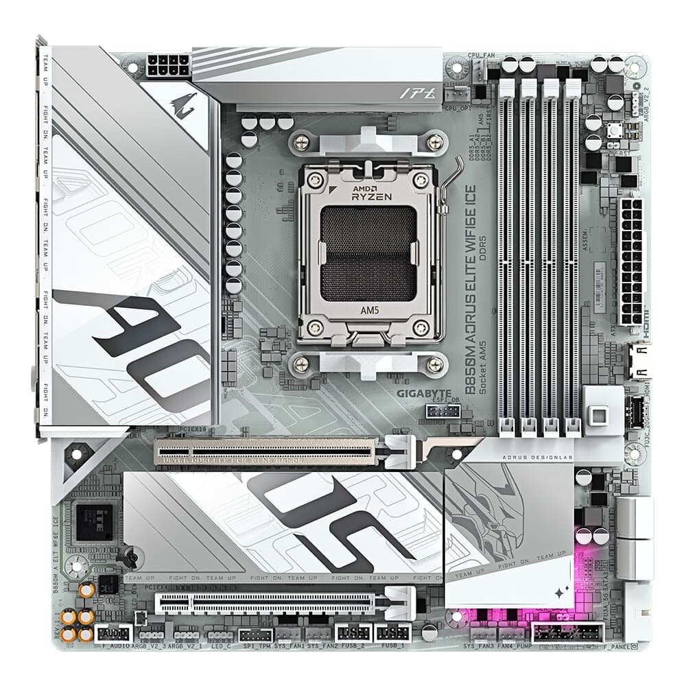 Imagem 2 de 6 do produto Placa Mãe Gigabyte B850M AORUS ELITE WIFI6E ICE, AMD AM5, Micro ATX, DDR5, RGB, Wi-Fi 6E, Bluetooth, Branca - B85MEI6-00