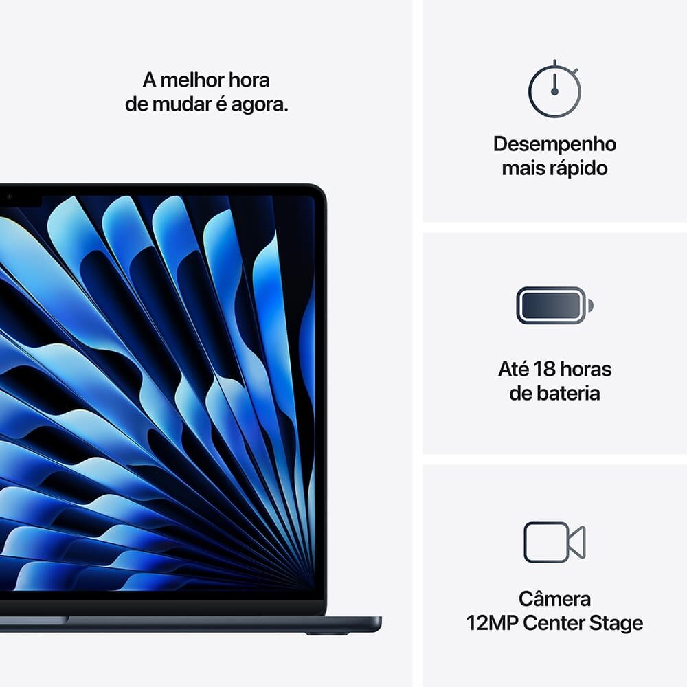 MacBook Air Apple 15 Chip M4, CPU 10 Núcleos, GPU 10 Núcleos, Neural Engine 16 Núcleos, 16GB RAM, SSD 512GB, Meia-noite - MW1M3BZ/A - view 10