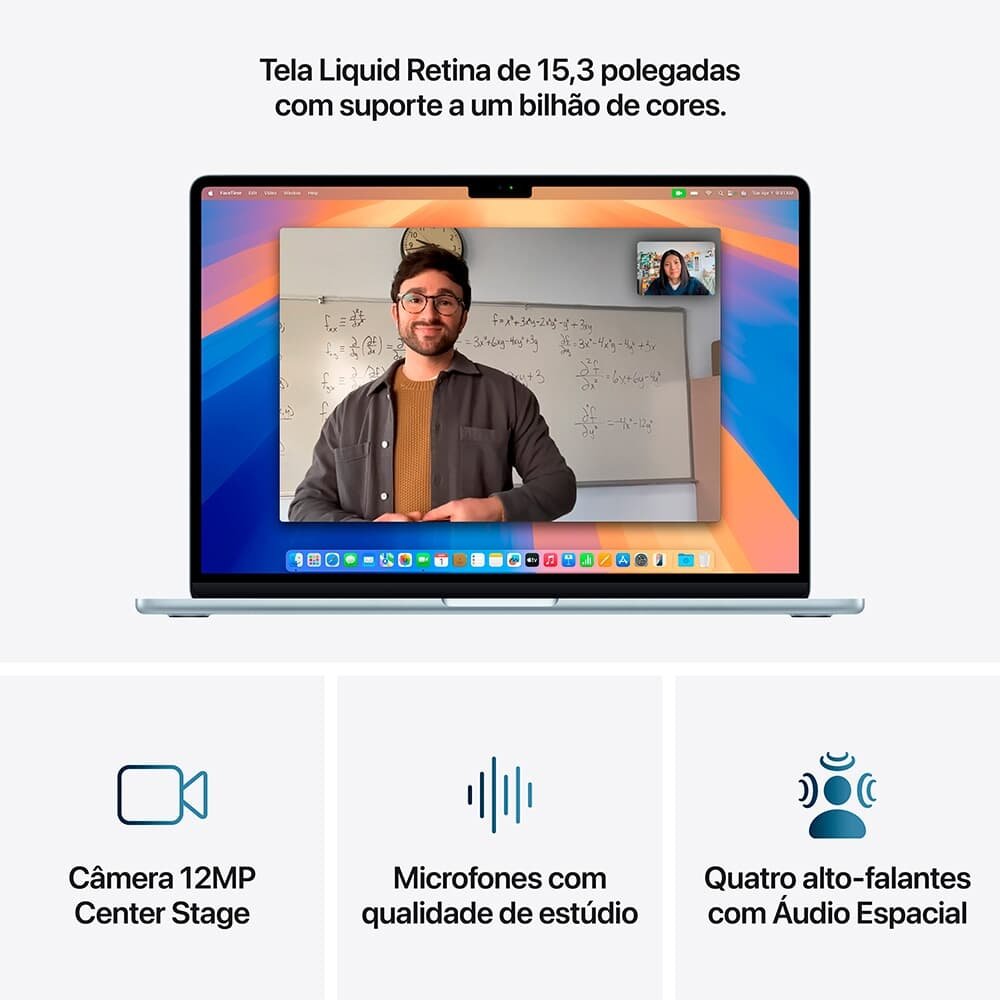 MacBook Air Apple 15" Chip M4, CPU 10 Núcleos, GPU 10 Núcleos, Neural Engine 16 Núcleos, 16GB, SSD 256GB, Azul-céu - MC7A4BZ/A