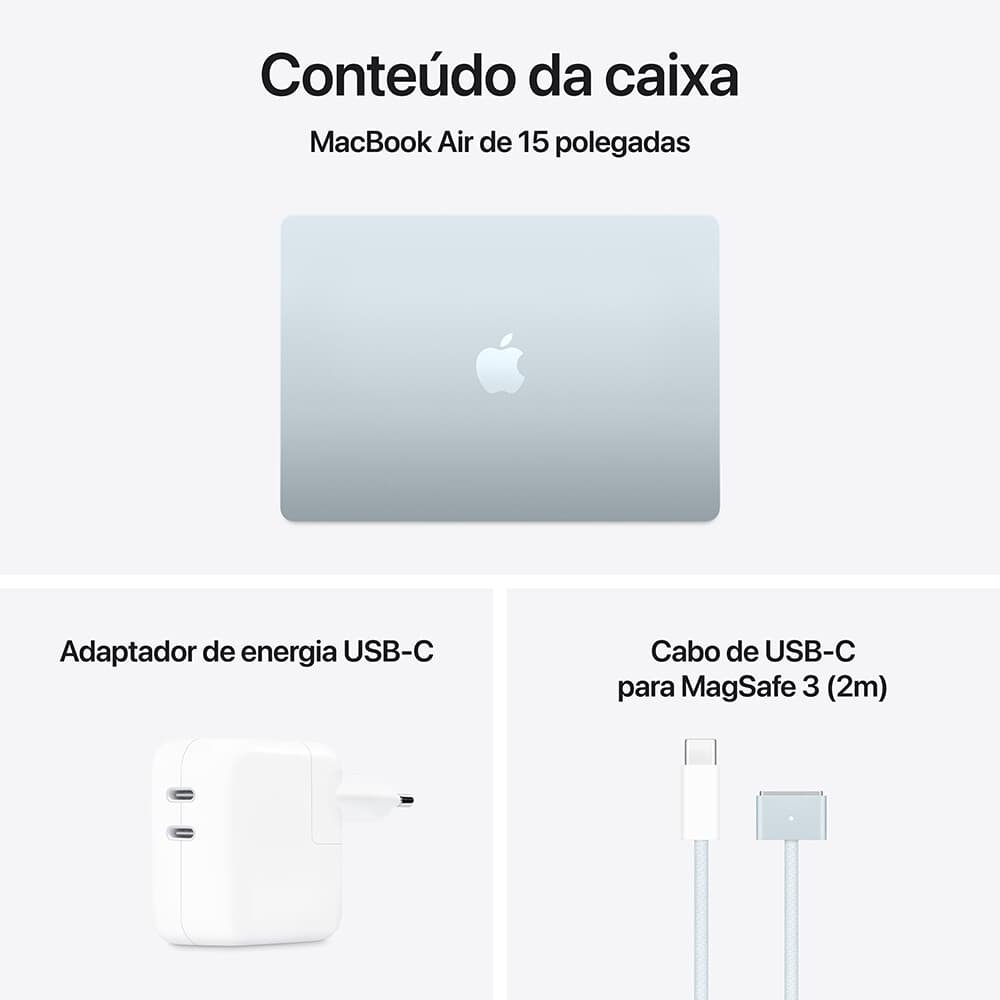 Imagem 8 de 11 do produto MacBook Air Apple 15" Chip M4, CPU 10 Núcleos, GPU 10 Núcleos, Neural Engine 16 Núcleos, 24GB, SSD 512GB, Azul-céu - MC7D4BZ/A