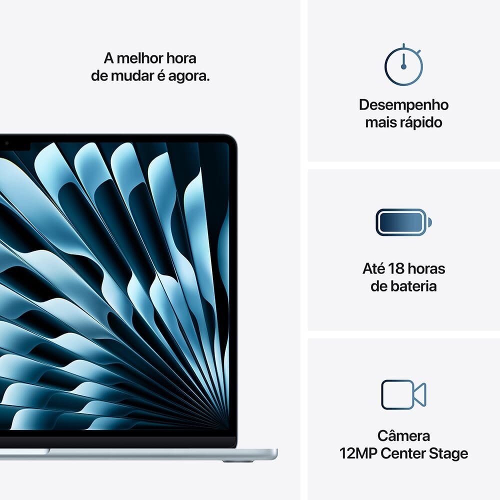 Imagem 10 de 11 do produto MacBook Air Apple 15" Chip M4, CPU 10 Núcleos, GPU 10 Núcleos, Neural Engine 16 Núcleos, 24GB, SSD 512GB, Azul-céu - MC7D4BZ/A
