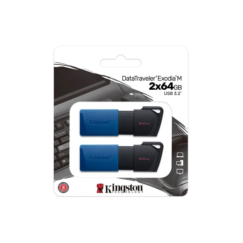 Imagem 2 de 5 do produto Kit Com 2 Pen Drives 64GB Kingston DataTraveler Exodia M, USB 3.2, Preto e Azul - DTXM/64GB-2P