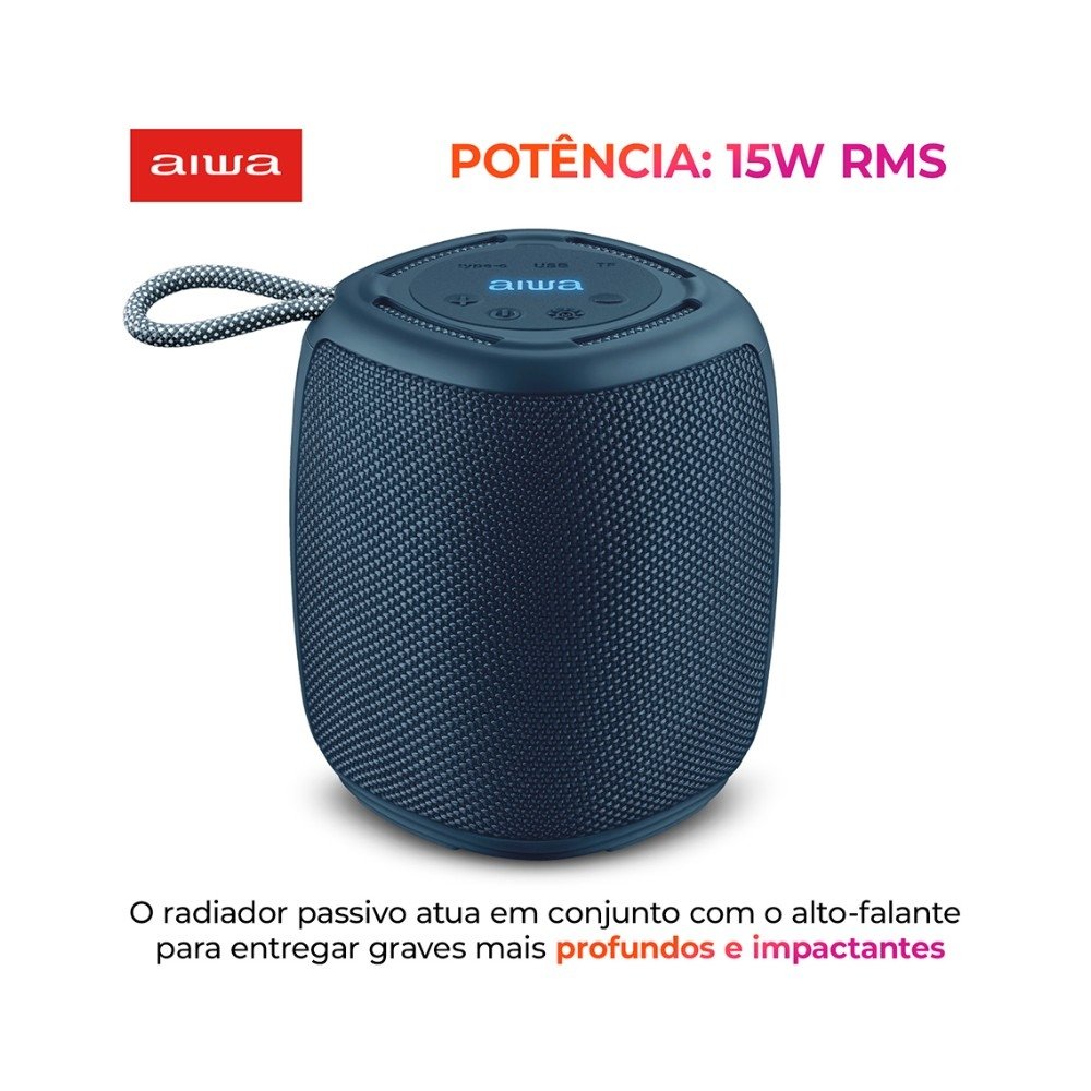 Caixa De Som AIWA Mini Speaker, RGB, IPX4, Bluetooth 5.3, Bivolt, Azul - AWS-SP-03-BL Caixa De Som AIWA Mini Speaker, RGB, IPX4, Bluetooth 5.3, Bivolt, Azul - AWS-SP-03-BL