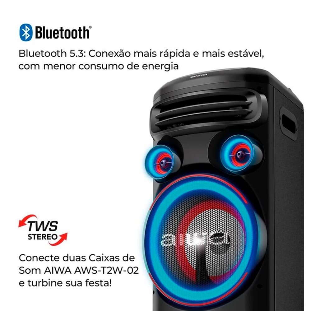 Torre De Som AIWA, RGB, Bivolt, Bluetooth 5.3, TWS, 2 Woofers 10, Preto - AWS-T2W-02 - view 4