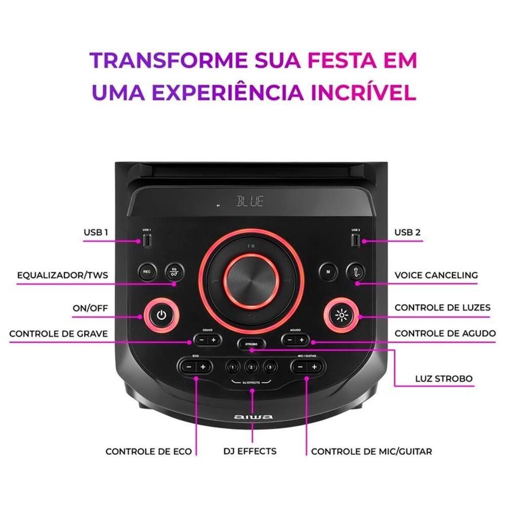 Torre De Som AIWA, RGB, Bivolt, Bluetooth 5.3, TWS, 2 Woofers 10, Preto - AWS-T2W-02 - view 5