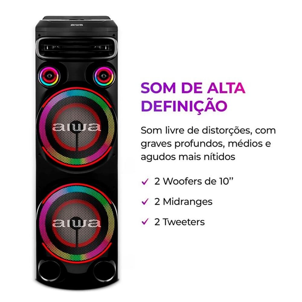 Torre De Som AIWA, RGB, Bivolt, Bluetooth 5.3, TWS, 2 Woofers 10, Preto - AWS-T2W-02 - view 3