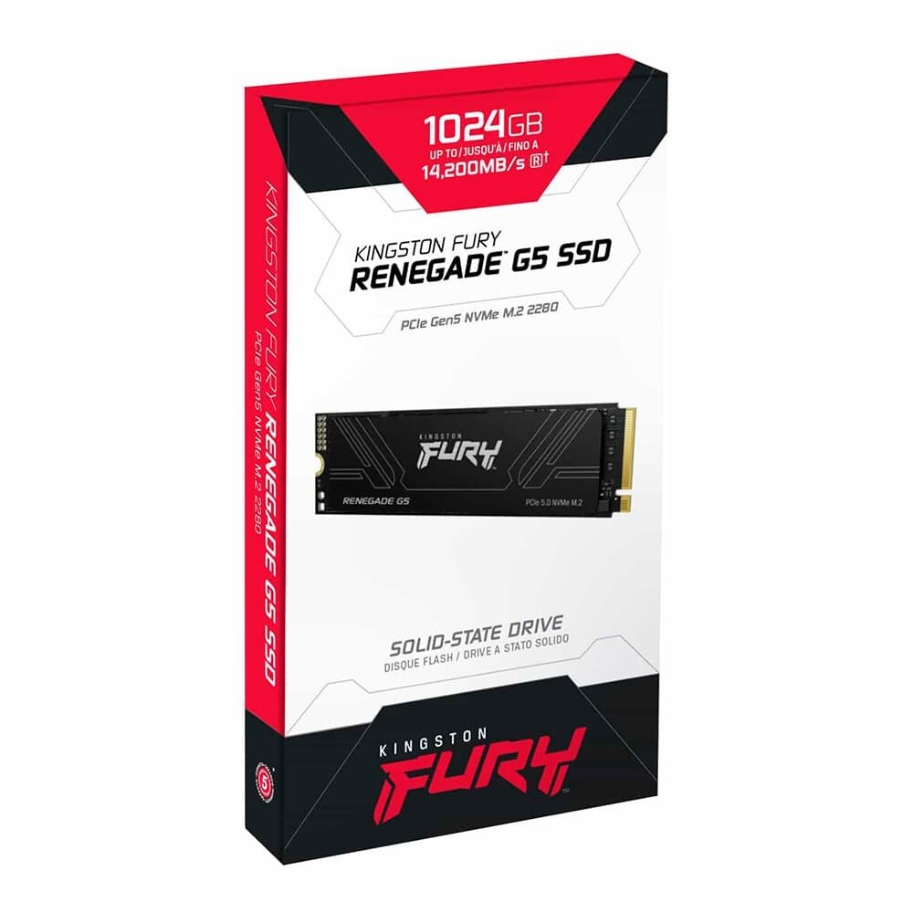 SSD Kingston FURY Renegade, 1024GB, G5, PCIe, M.2 NVMe, Leitura 14.200MB/s e Gravação 11.000MB/s Compatível com PS5 - SFYR2S/1T0 SSD Kingston FURY Renegade, 1024GB, G5, PCIe, M.2 NVMe, Leitura 14.200MB/s e Gravação 11.000MB/s Compatível com PS5 - SFYR2S/1T0