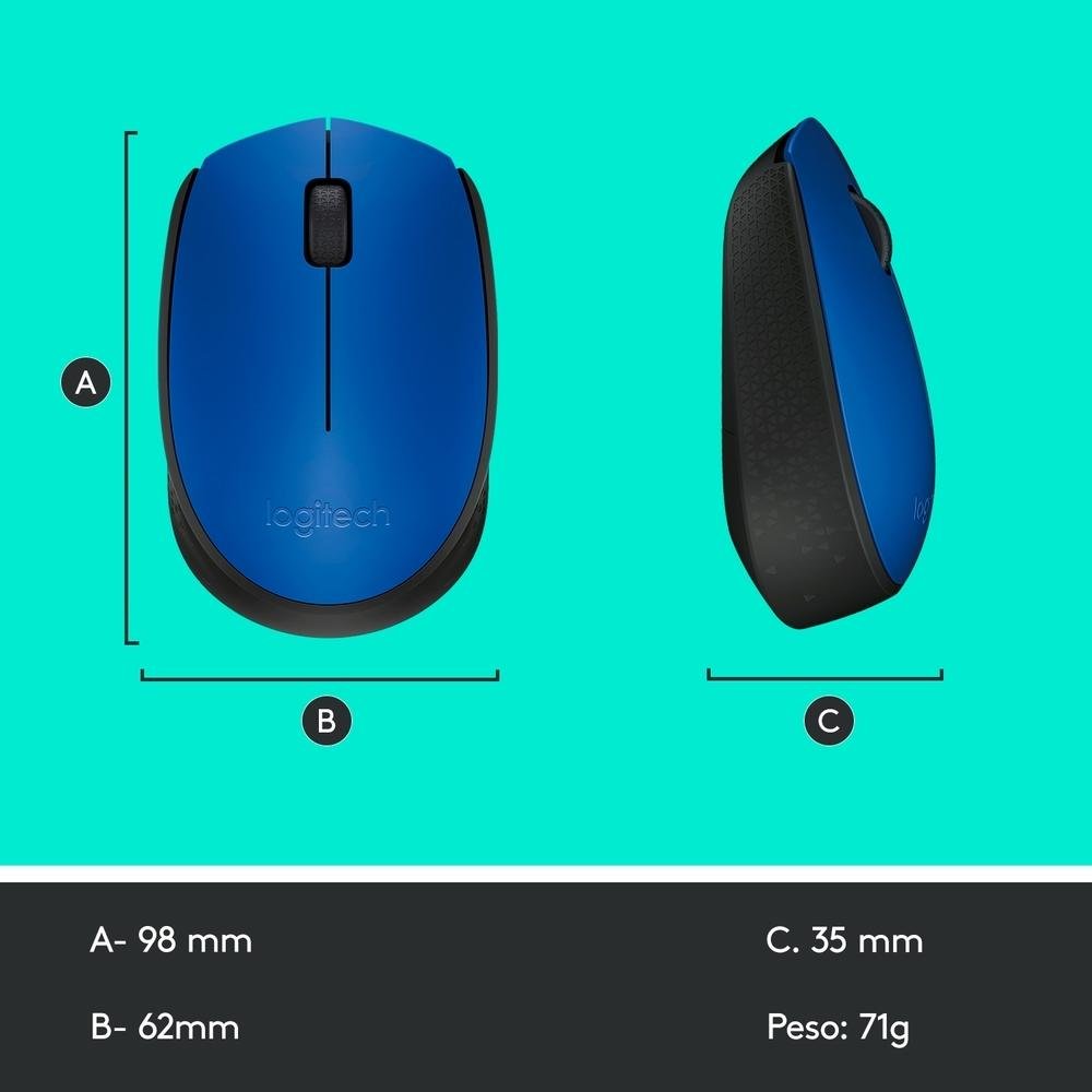 Imagem 10 de 10 do produto Mouse sem fio Logitech M170 com Design Ambidestro Compacto, Conexão USB e Pilha Inclusa, Azul - 910-004800