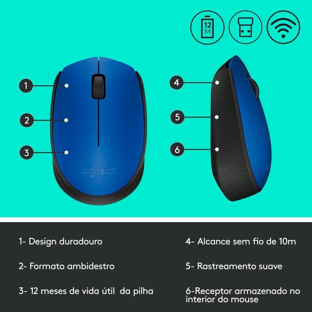 Imagem 8 de 10 do produto Mouse sem fio Logitech M170 com Design Ambidestro Compacto, Conexão USB e Pilha Inclusa, Azul - 910-004800