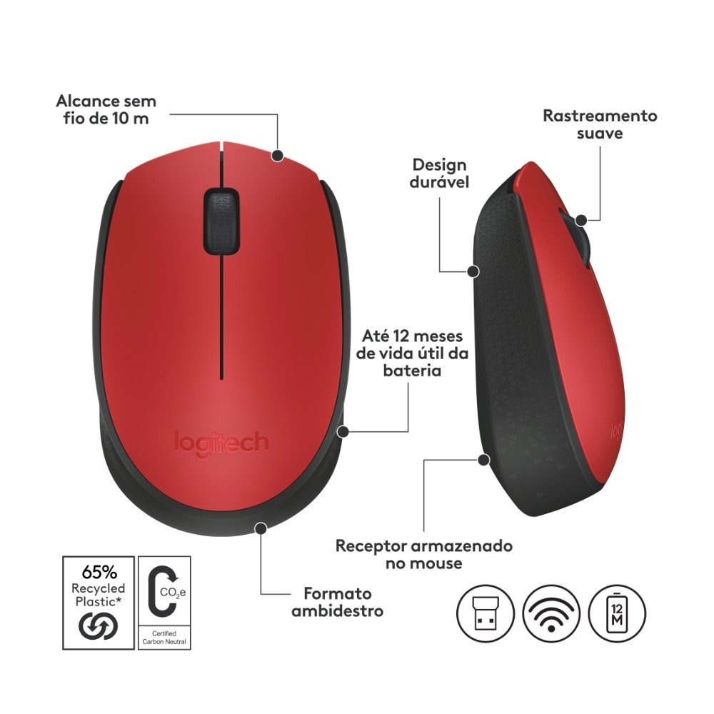 Mouse sem fio ( Balão.info) M170 com Design Ambidestro Compacto, Conexão USB e Pilha Inclusa, Vermelho - 910-( Balão.info - foto 8