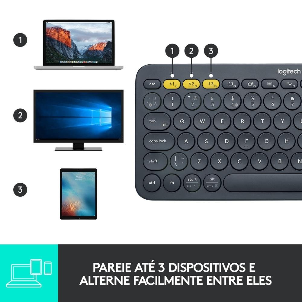 Teclado sem fio Logitech K380 com Bluetooth Easy-Switch para 3 dispositivos para PC, Mac, Chrome, Android, iOS, Apple TV, Cinza - 920-007564