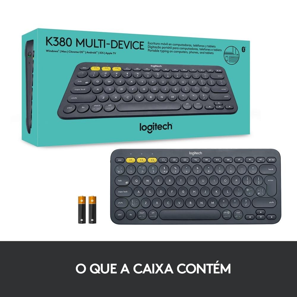 Teclado sem fio Logitech K380 com Bluetooth Easy-Switch para 3 dispositivos para PC, Mac, Chrome, Android, iOS, Apple TV, Cinza - 920-007564