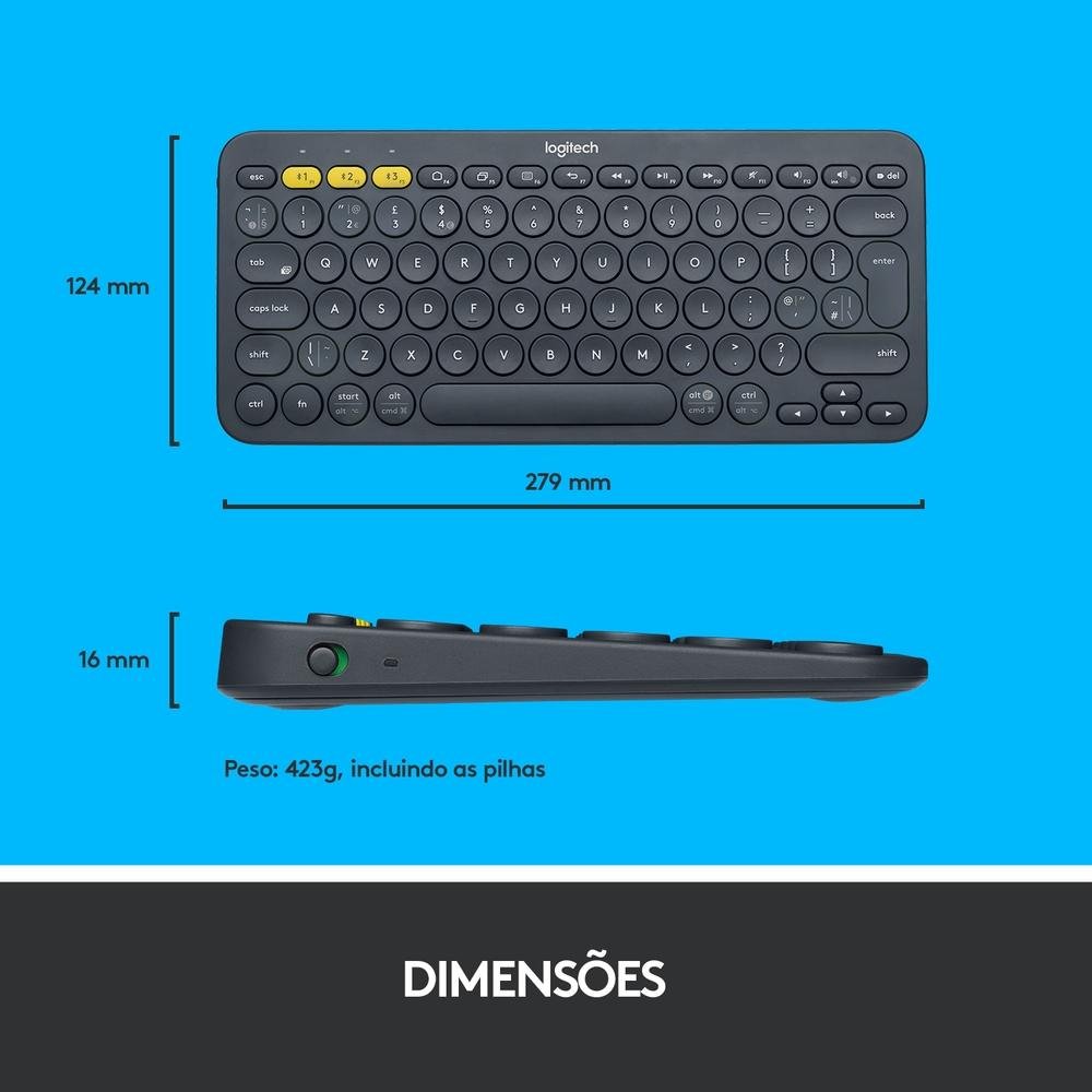 Teclado sem fio Logitech K380 com Bluetooth Easy-Switch para 3 dispositivos para PC, Mac, Chrome, Android, iOS, Apple TV, Cinza - 920-007564