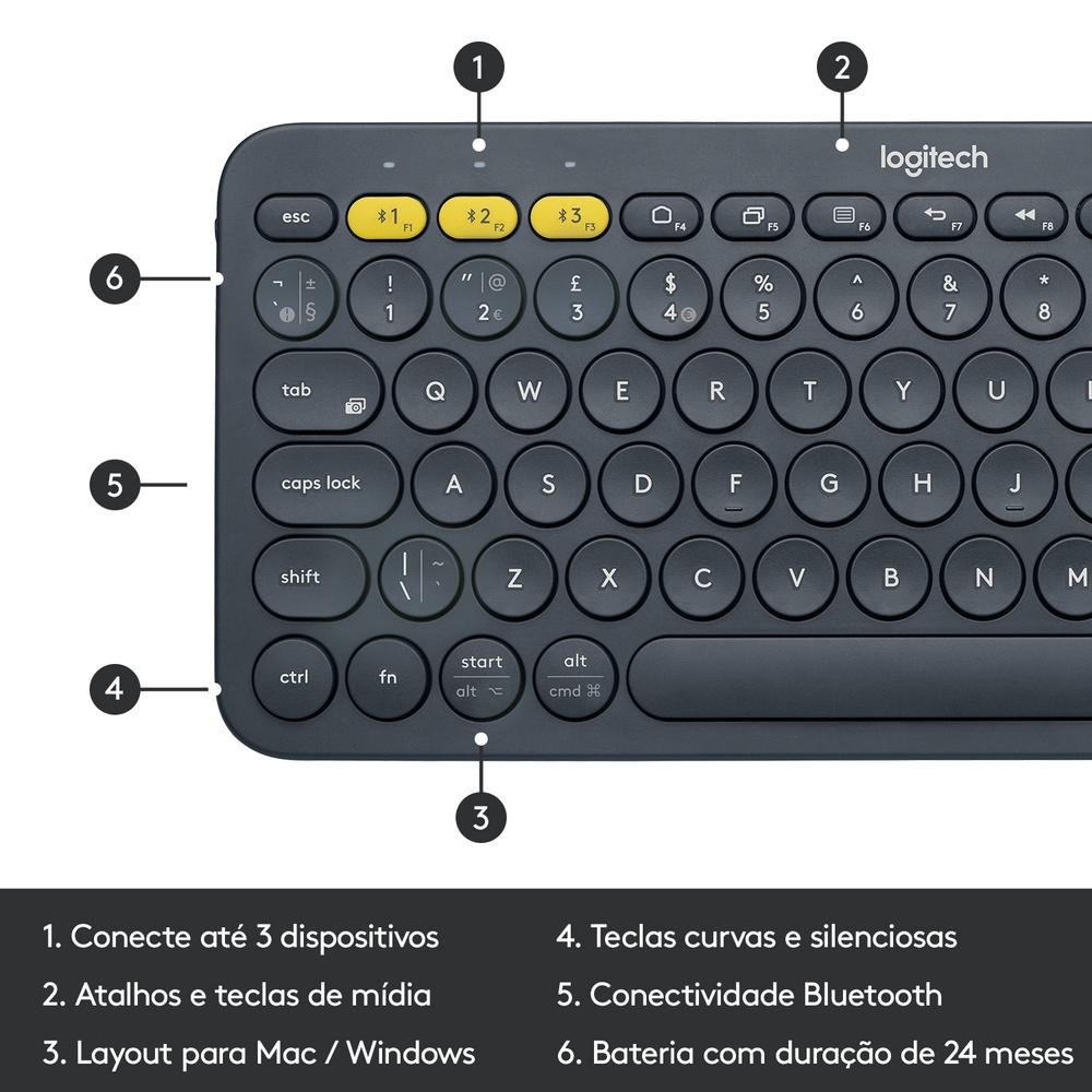 Teclado sem fio Logitech K380 com Bluetooth Easy-Switch para 3 dispositivos para PC, Mac, Chrome, Android, iOS, Apple TV, Cinza - 920-007564
