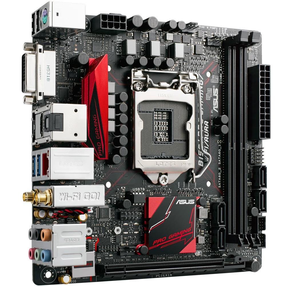 Imagem 2 de 8 do produto Placa-Mãe ASUS p/ Intel LGA 1151 Mini ITX B150I PRO GAMING/WIFI/AURA, 2x DDR4, Wifi, Áudio Supreme FX, Gamers Guardian, DVI/HDMI