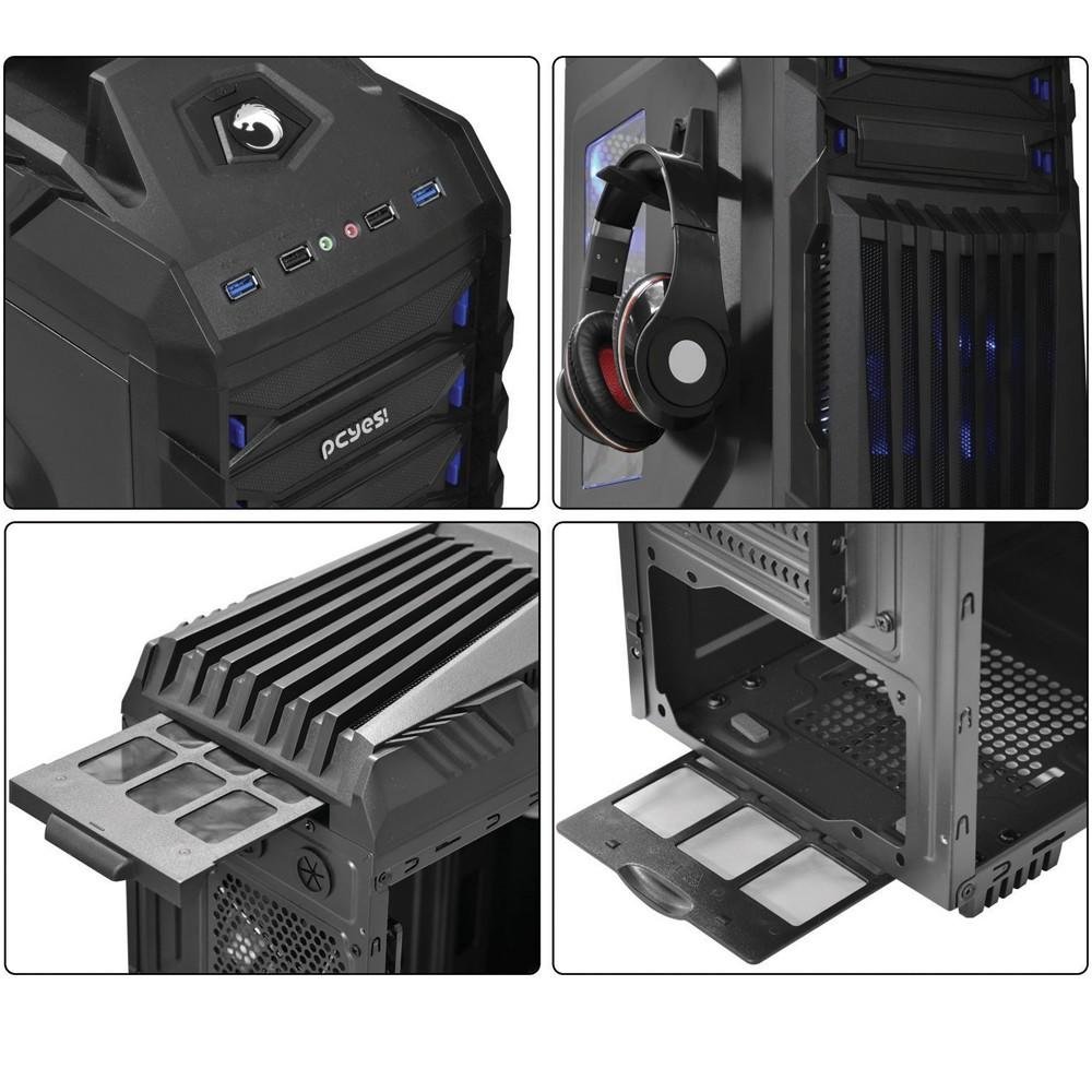 Imagem 4 de 12 do produto Gabinete Gamer PCYES mid-tower New Tiger Preto com 2 fans LED Azul Lateral em acrílico e suporte para headset – TIGERPTOAZ2FCA