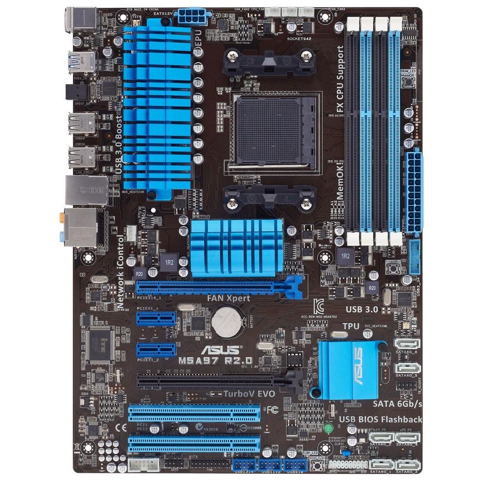 Placa-Mãe ASUS p/ AMD AM3+ ATX M5A97 R2.0, 4x DDR3 CrossfireX, USB 3.0, header COM e TPM, SPDIF, Bios Flashback Placa-Mãe ASUS p/ AMD AM3+ ATX M5A97 R2.0, 4x DDR3 CrossfireX, USB 3.0, header COM e TPM, SPDIF, Bios Flashback