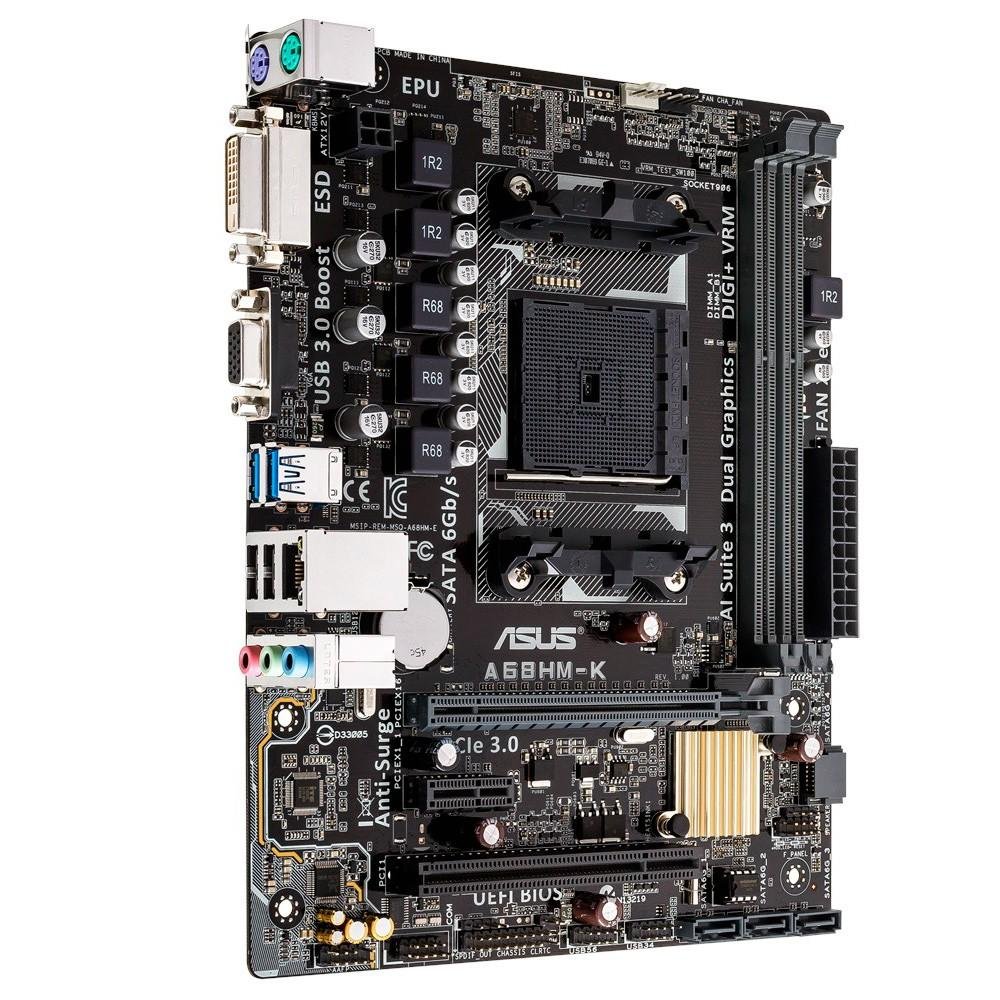 Placa-Mãe ASUS p/ AMD FM2+ mATX A68HM-K, 2x DDR3 DVI/VGA, USB 3.0 Boost (Suporta UASP), Digi+ VRM e EPU, Bios UEFI, ESD Guards