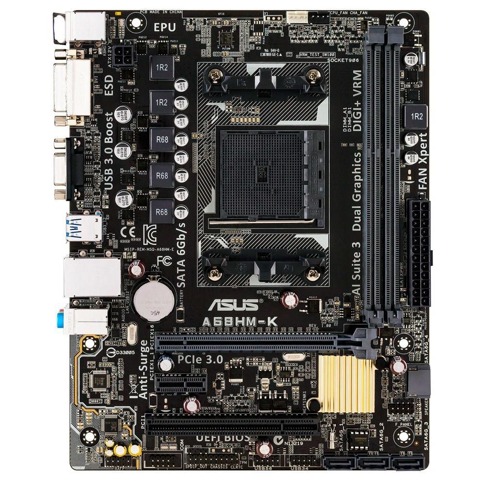 Placa-Mãe ASUS p/ AMD FM2+ mATX A68HM-K, 2x DDR3 DVI/VGA, USB 3.0 Boost (Suporta UASP), Digi+ VRM e EPU, Bios UEFI, ESD Guards