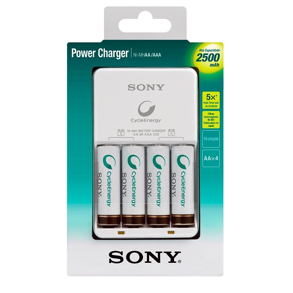 Carregador de Pilhas Sony c/ 4 Pilhas AA 2500mAh Bivolt - BCG-34HH4GN Carregador de Pilhas Sony c/ 4 Pilhas AA 2500mAh Bivolt - BCG-34HH4GN