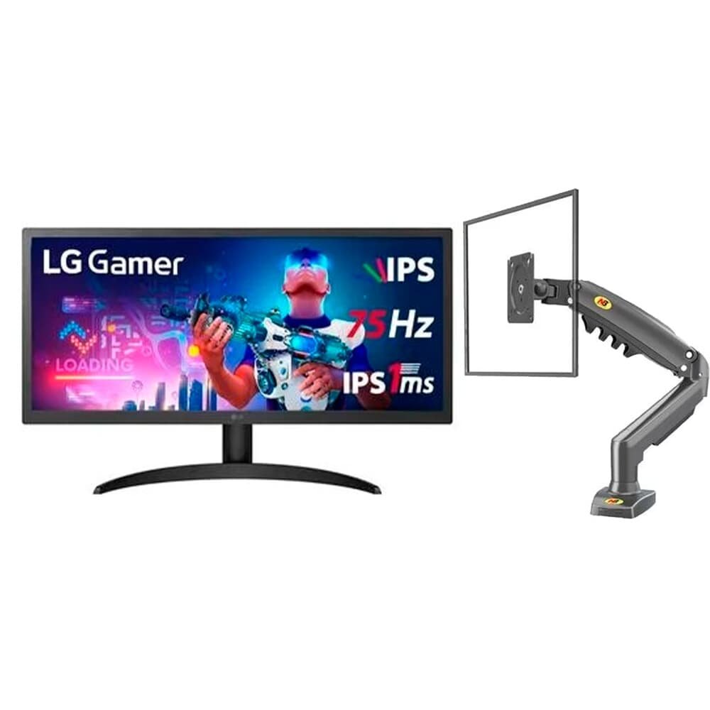 Kit Monitor Gamer LG 26" FHD, 75hz, Ultra Wide 26WQ500 + Suporte Articulado F80 NB North Bayou com Pistão a Gás