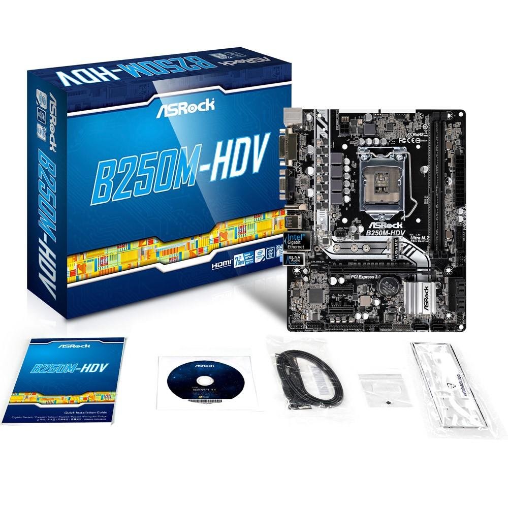 Placa-Mãe ASRock B250M-HDV, Intel LGA 1151, mATX, DDR4 Placa-Mãe ASRock B250M-HDV, Intel LGA 1151, mATX, DDR4