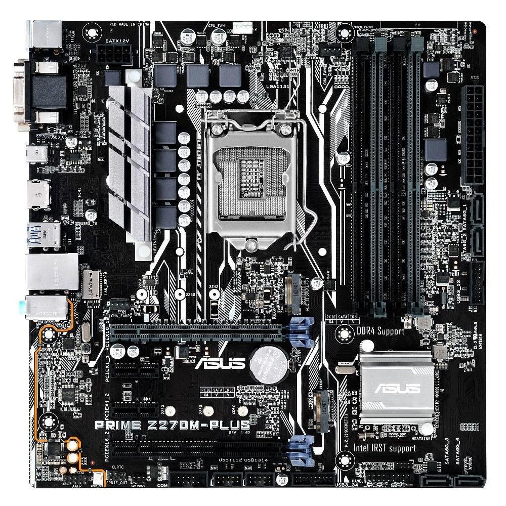 Placa-Mãe ASUS p/ Intel LGA 1151 mATX PRIME Z270M-PLUS 4x DDR4, USB Tipo C, CFX, 2-M.2, 5X Protection 3, Digi+ VRM, Safe Slot, VGA/DVI/HDMI
