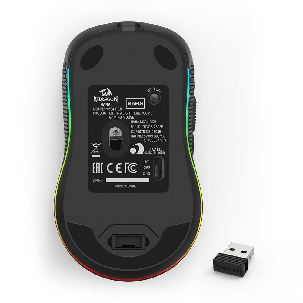 Imagem 9 de 9 do produto Mouse Sem Fio Gamer Redragon Hana M694 RGB, 7200 DPI, Ambidestro, 1000Hz, USB Tipo-C, Preto - M694-RGB