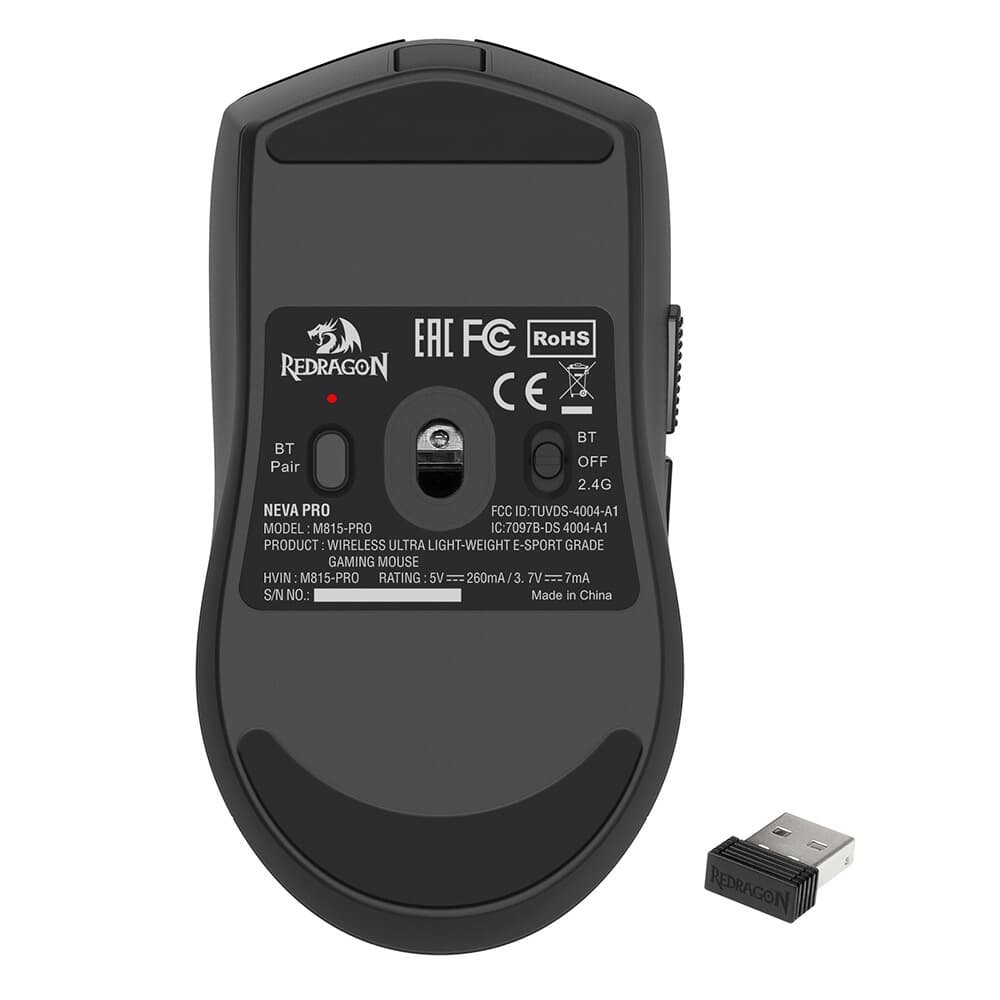 Imagem 9 de 9 do produto Mouse Gamer Sem Fio Redragon Neva Pro, 26000 DPI, Ambidestro, 1000Hz, USB Tipo-C, Bluetooth, USB 2.4 GHz, Preto - M815-PRO