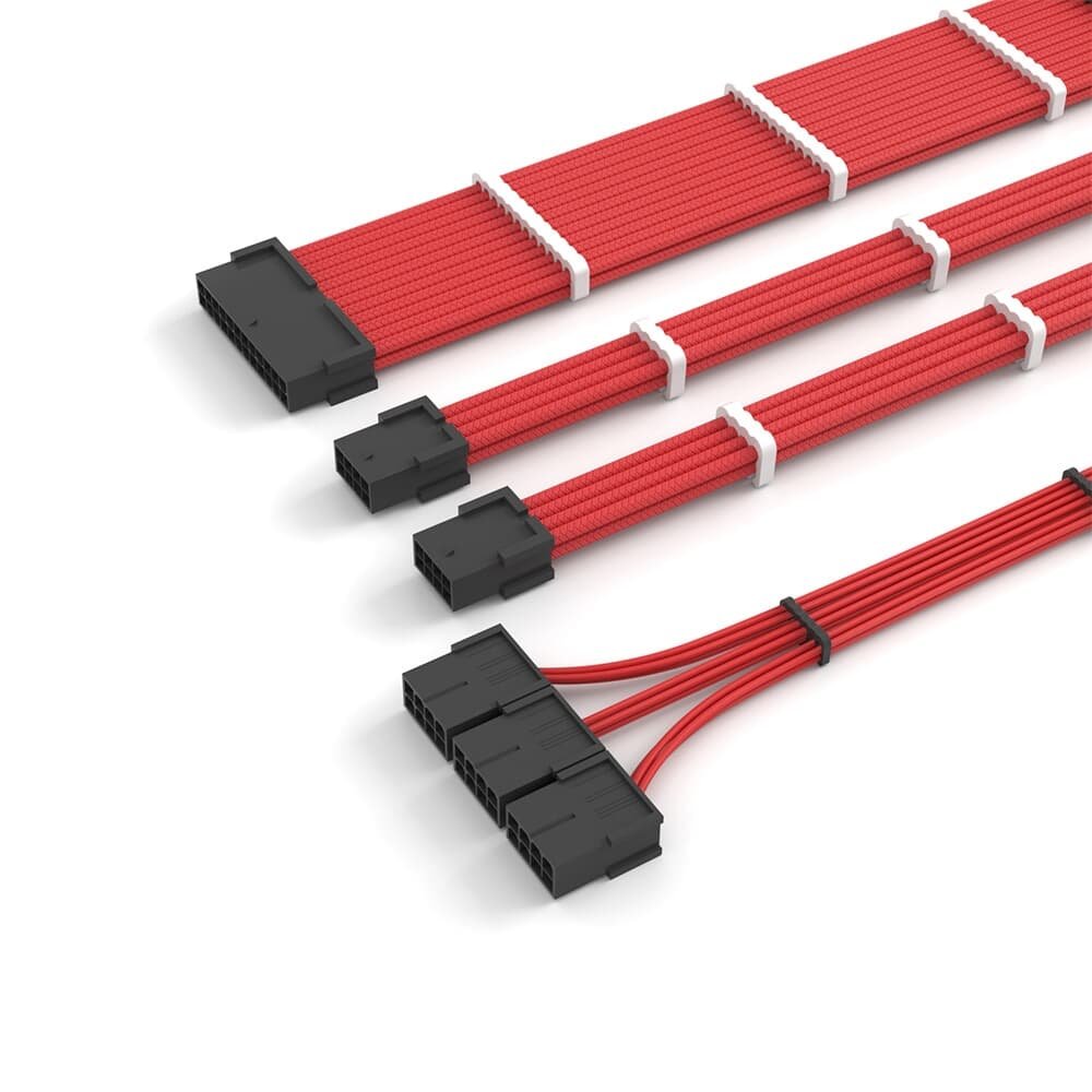 Imagem 3 de 4 do produto Cabo Extensor de Fonte Sleeved Redragon, 4 em 1, 24p ATX, 2x 4+4p CPU, 3x 8p PCIe para 12VHPWR, Vermelho - RD-GCP07