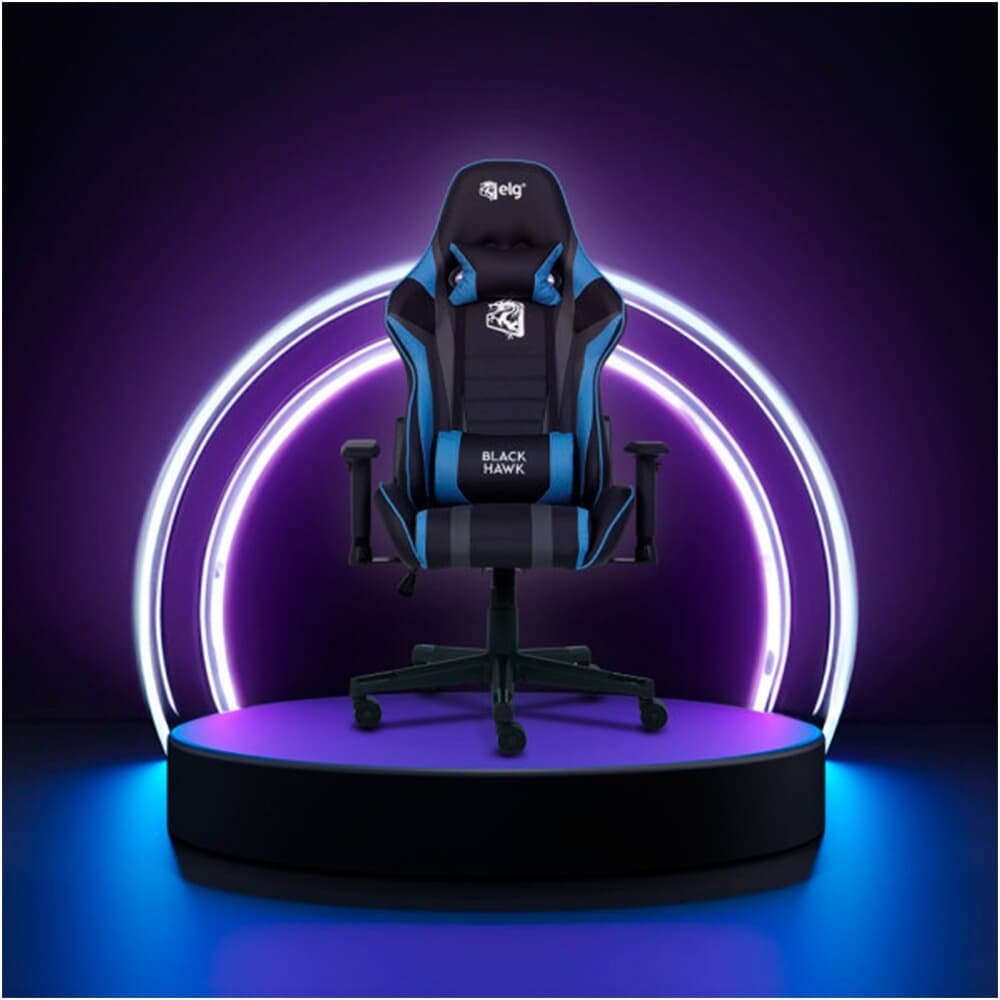 Cadeira Gamer ELG Black Hawk, Até 140 kg, Apoio Cervical, Encosto Reclinável, Apoio De Braços, Ajuste De Altura, Preto e Azul - CH05BKBL - view 8