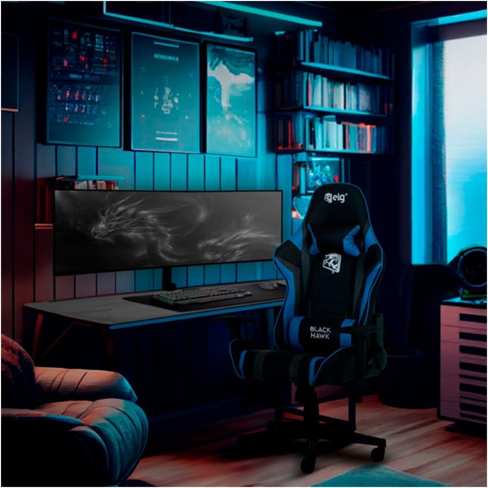 Cadeira Gamer ELG Black Hawk, Até 140 kg, Apoio Cervical, Encosto Reclinável, Apoio De Braços, Ajuste De Altura, Preto e Azul - CH05BKBL - view 7